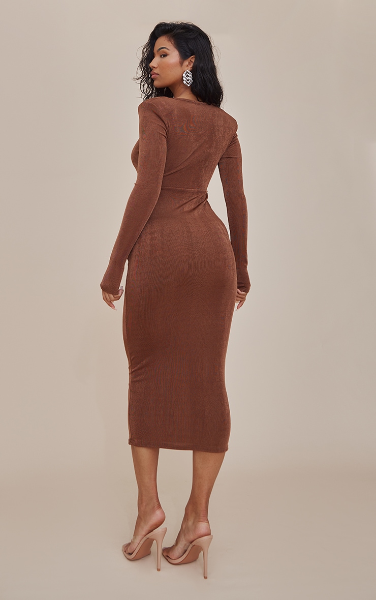 Chocolate Acetate Slinky Shoulder Pad Ruched Midaxi Dress