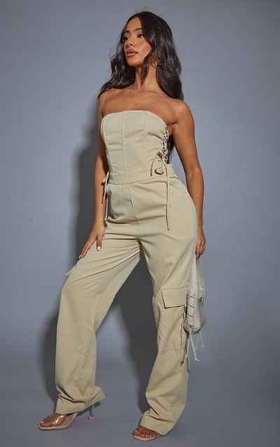 Petite Stone Lace Up Bandeau Cargo Pocket Detail Jumpsuit