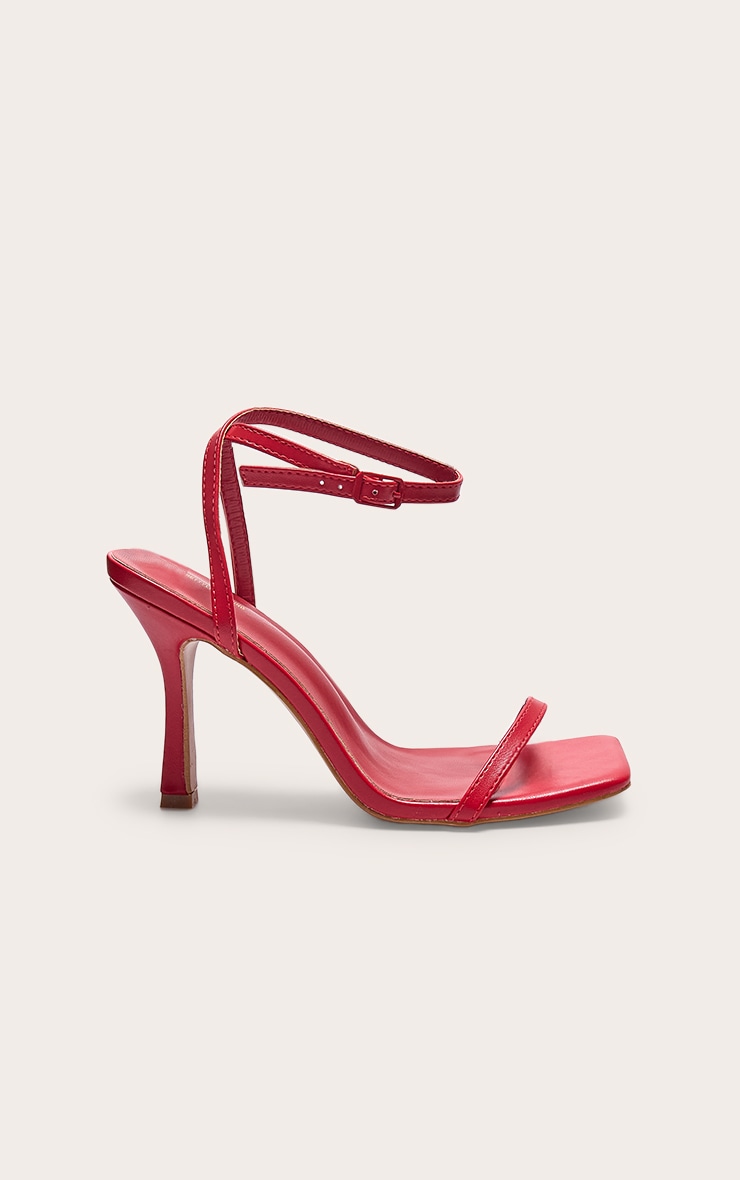 Red PU Square Toe Barely There Mid Heeled Sandals Footwear PLT CA