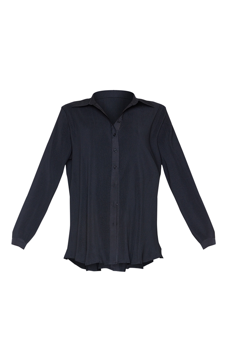 Black Plisse Button Front Oversized Shirt image 5