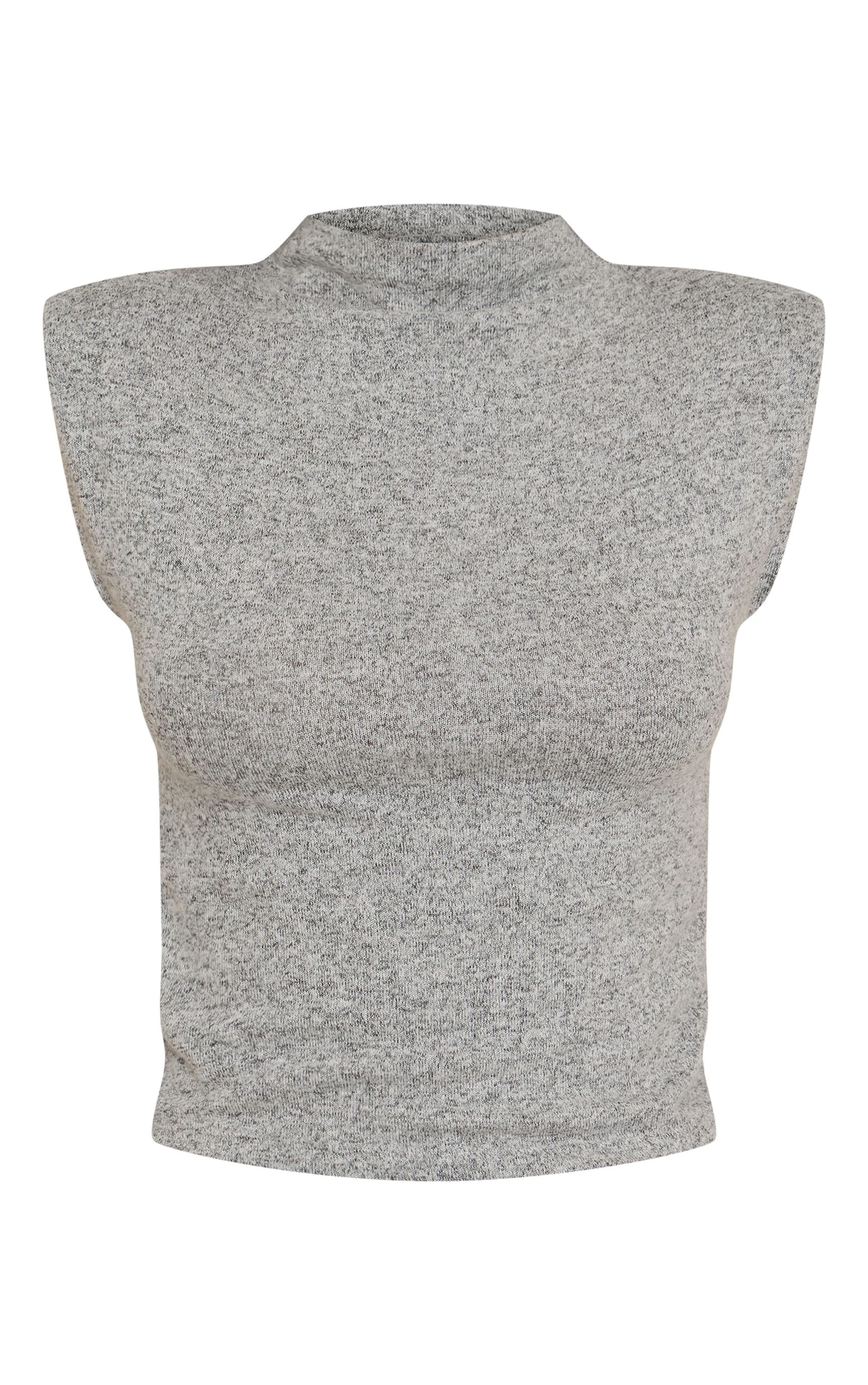 Grey Marl Soft Knit Shoulder Detail High Neck Long Top image 5