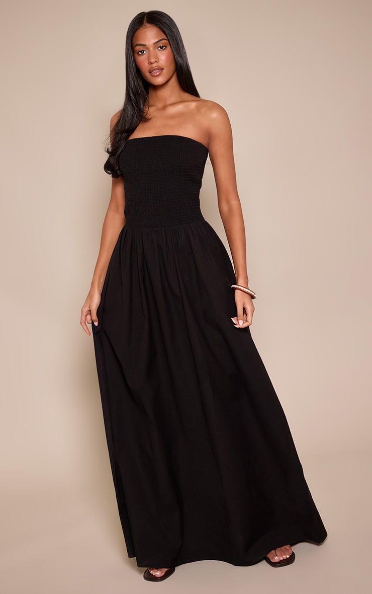 Tall Black Bandeau Shirred Detail Maxi Dress