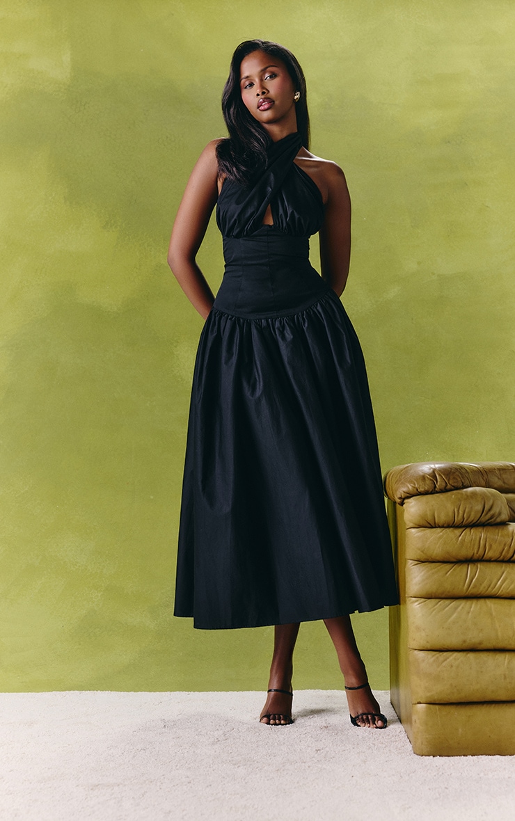 Black Plunge Halterneck Skater Midaxi Dress image 3