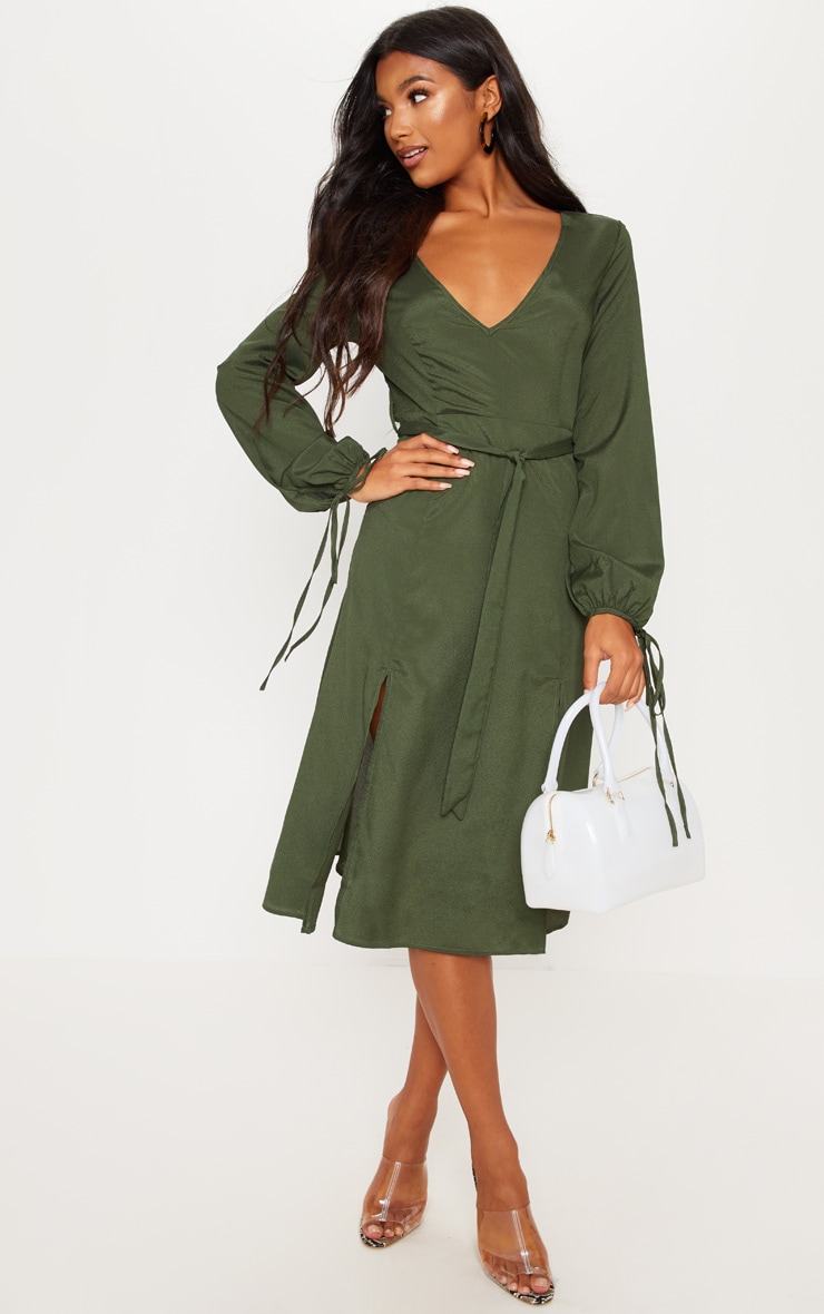 Robe mi,longue vert sapin fendue avec lien à la taille