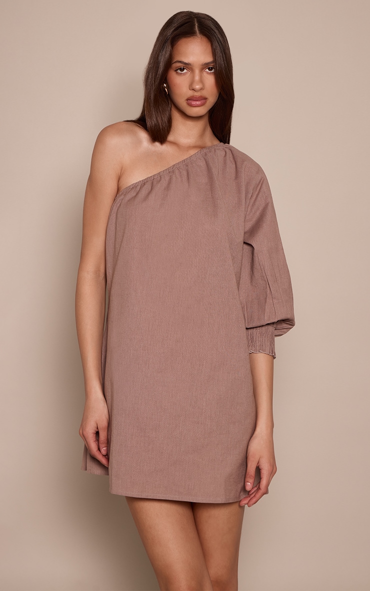Taupe Linen Look One Shoulder Shift Dress image 1