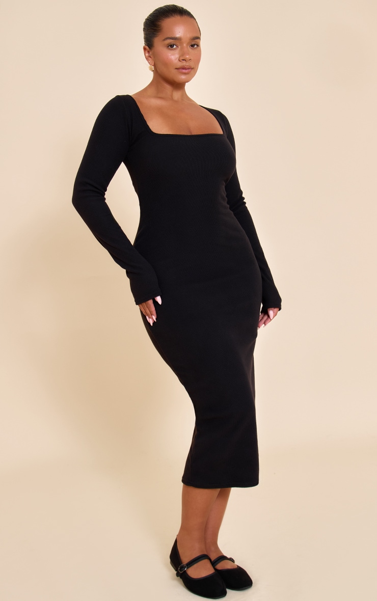 Shape Black Micro Rib Square Neck Long Sleeve Maxi Dress image 3