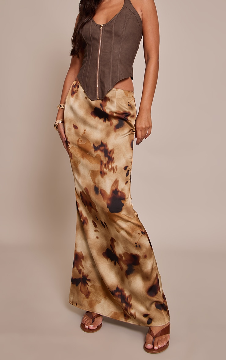 Brown Floral Abstract Print Satin Low Rise Maxi Skirt image 2