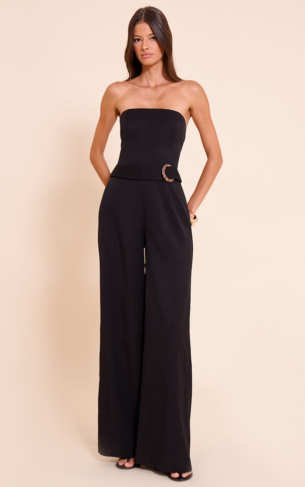 Black Woven Bandeau Belt Detail Straight Leg Jumpsuit