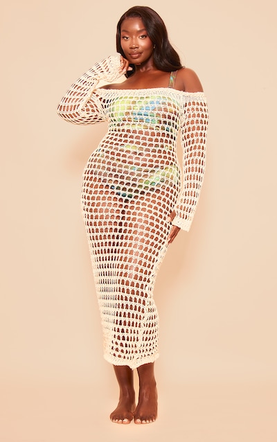 Plus Sand Crochet Lurex Glitter Bardot Long Sleeve Midi Dress