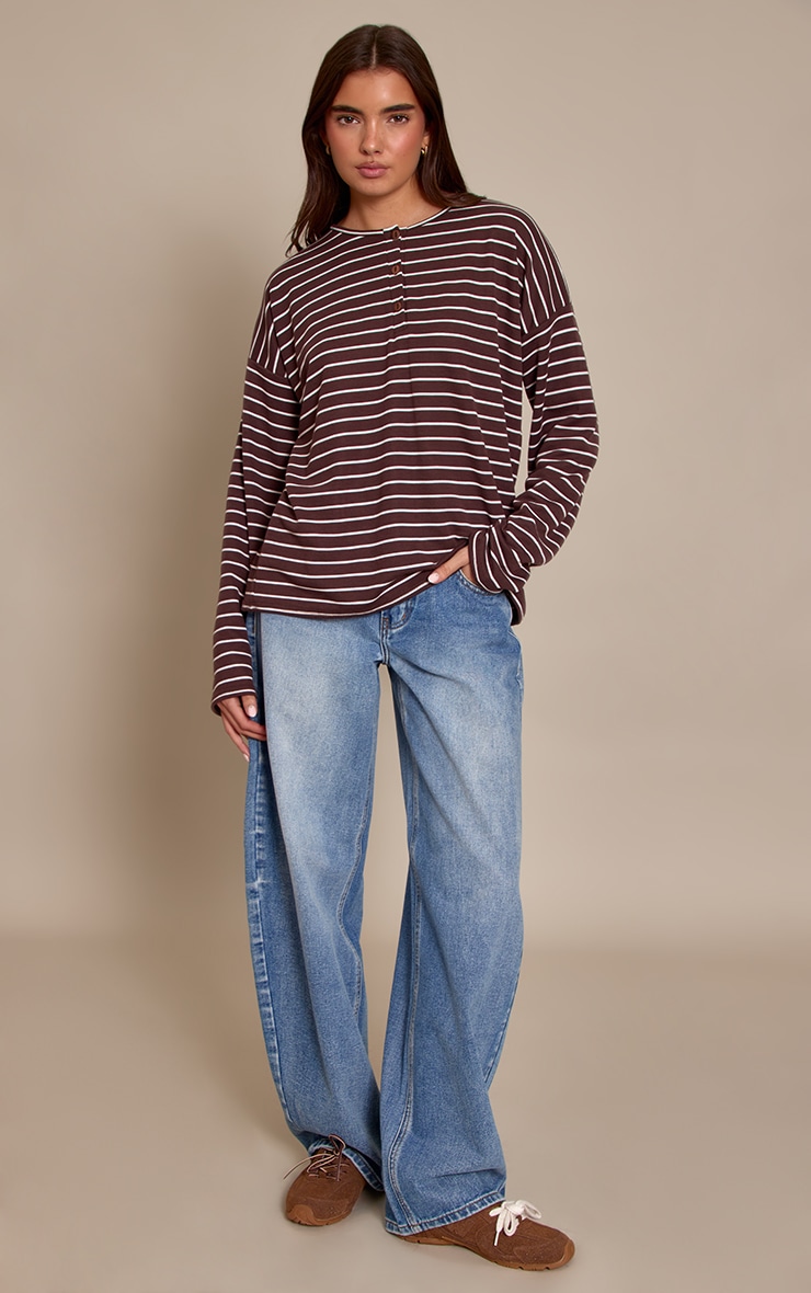 Chocolate Striped Button Down Detail Oversized Long Sleeve Top image 3