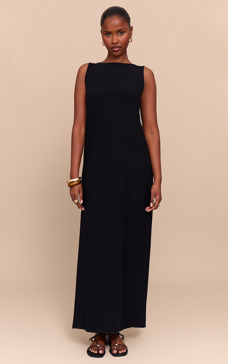 Black Textured Boat Neck Low Back Maxi Dress image 1