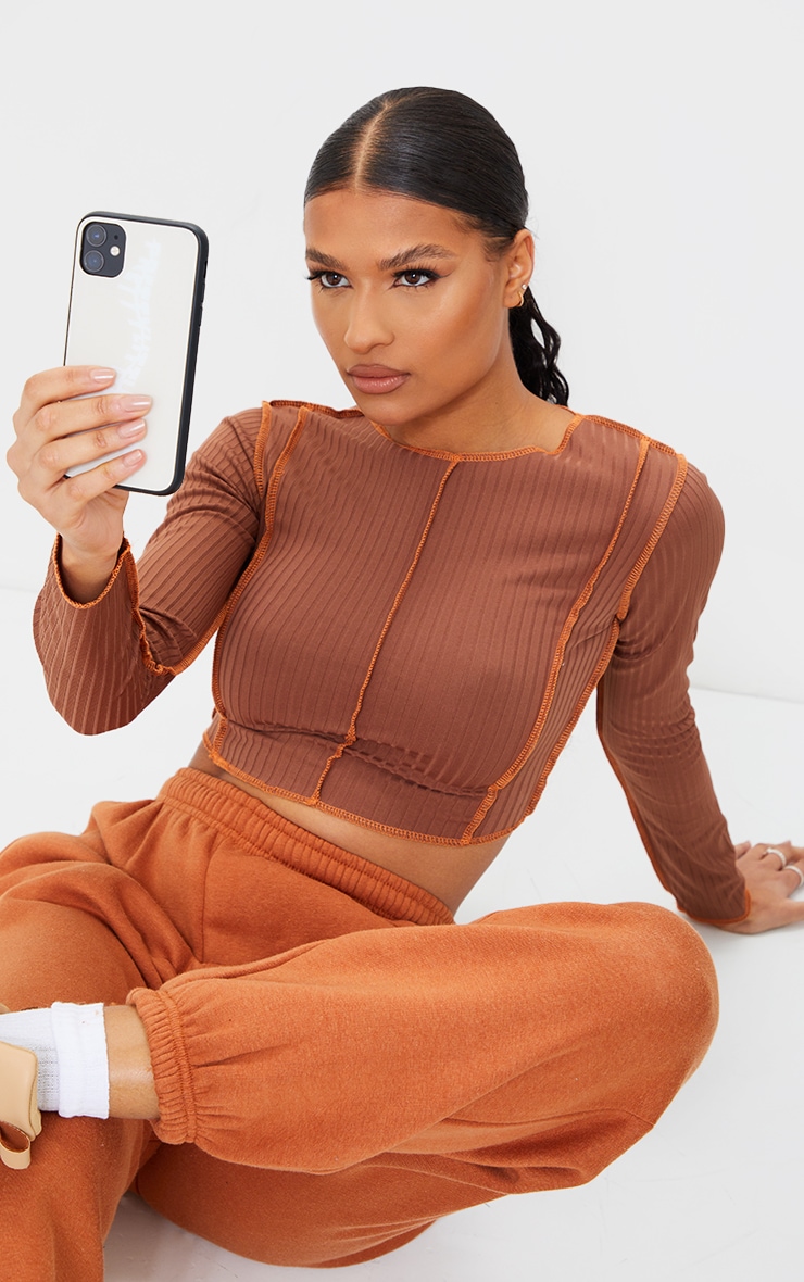 Chocolate Rib Contrast Seam Long Sleeve Crop Top