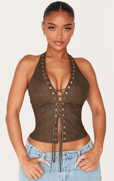 Shape Olive Washed Faux Leather Halter Neck Lace Up Corset