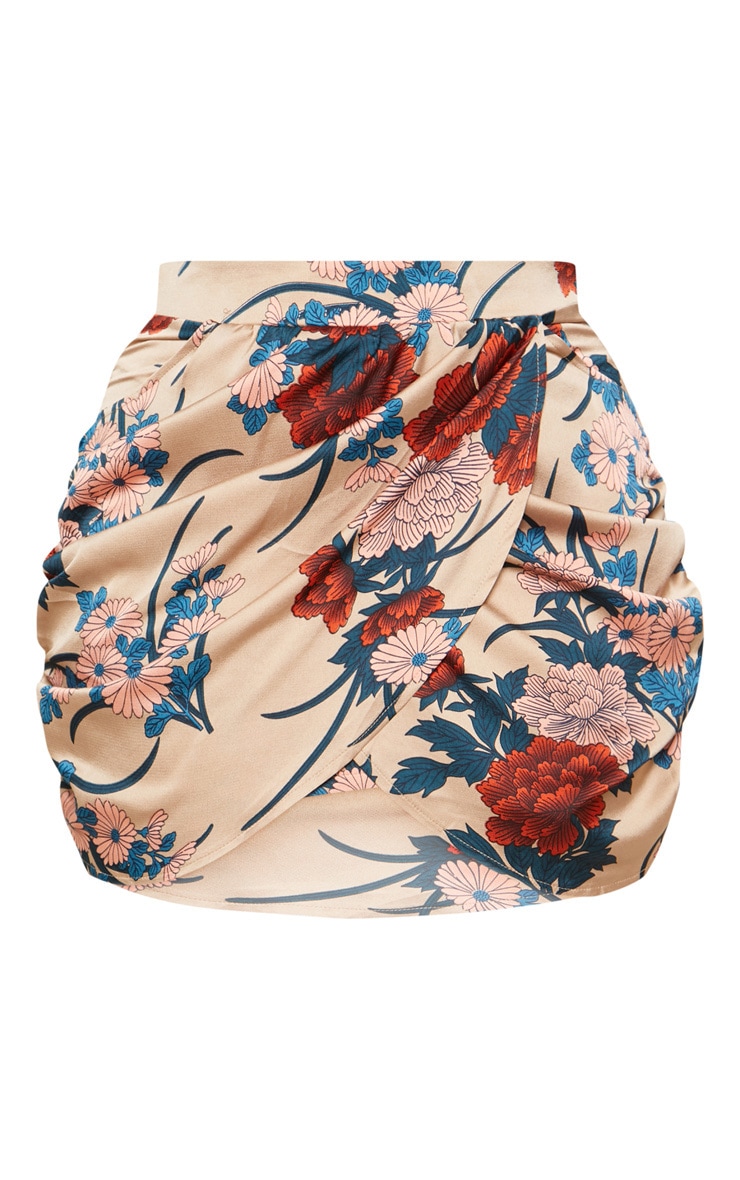 Plus Nude Satin Floral Print Gathered Mini Skirt image 3