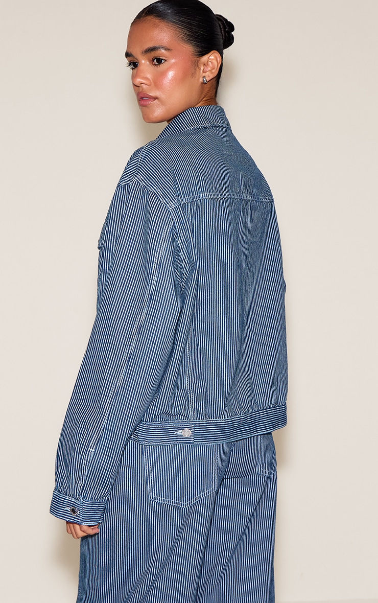  Dark Blue Striped Classic Denim Jacket image 2
