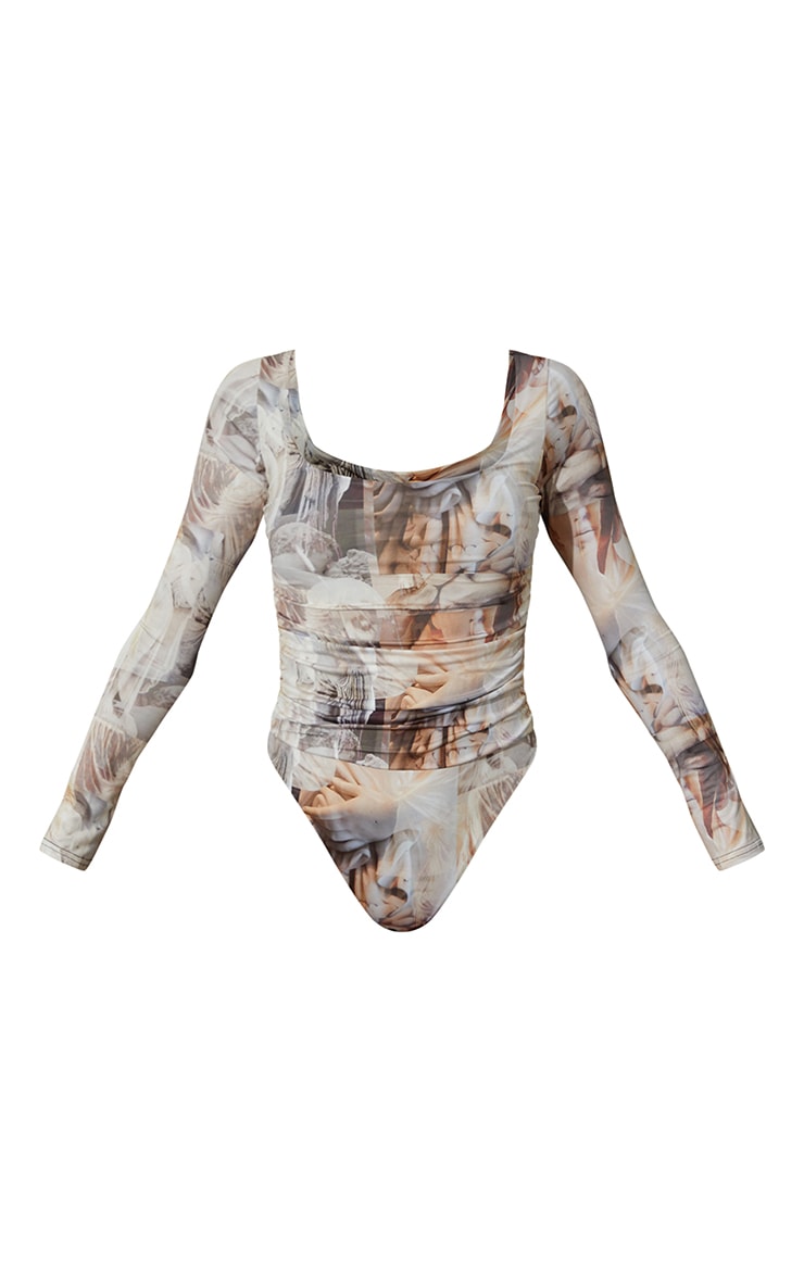 Nude Renaissance Printed Slinky Ruched Long Sleeve Square Neck Bodysuit image 6