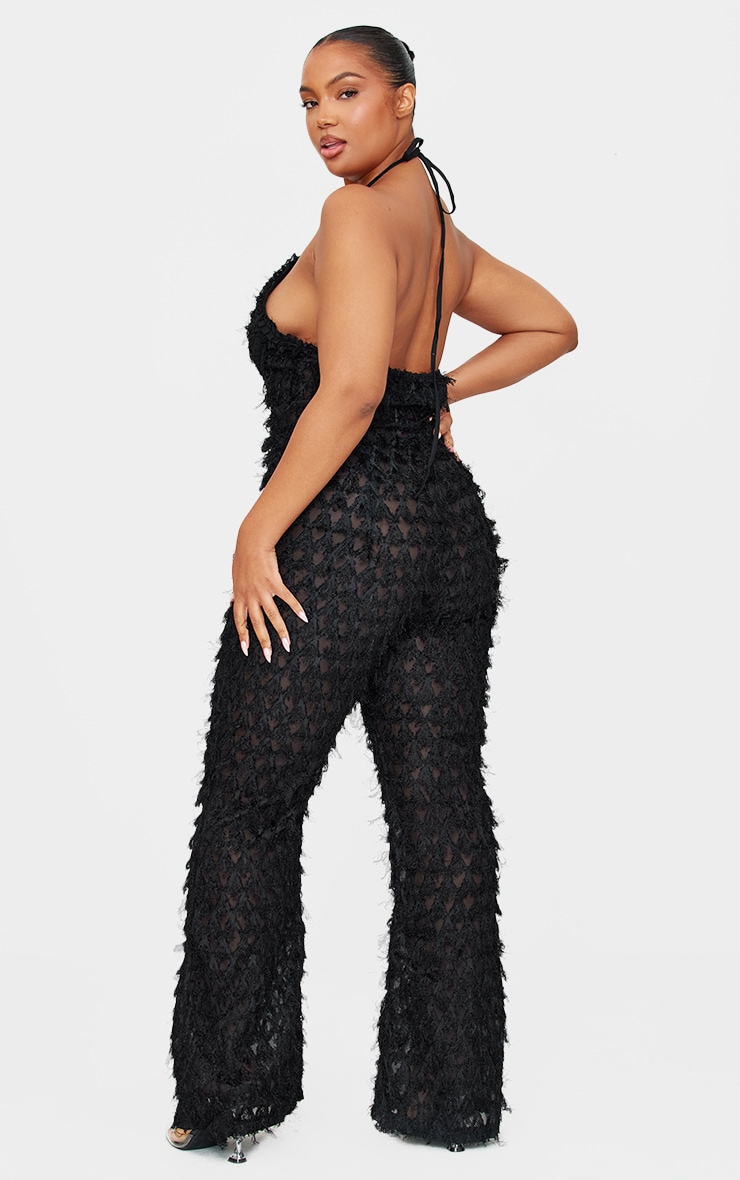 Plus Black Sheer Feather Lace Up Detail Jumpsuit image 2