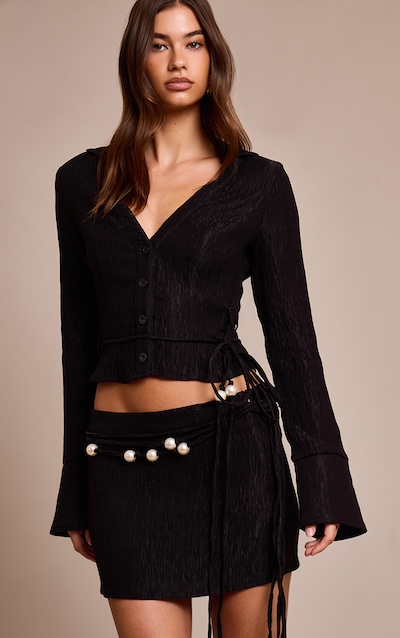 Black Crinkle Textured Bead Detail Mini Skirt