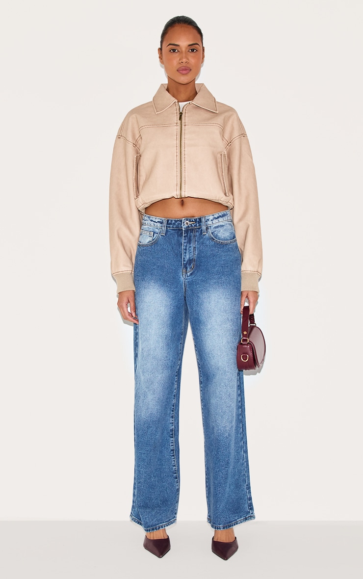 Cream Bleach Detail Faux Leather Cropped Bomber image 3