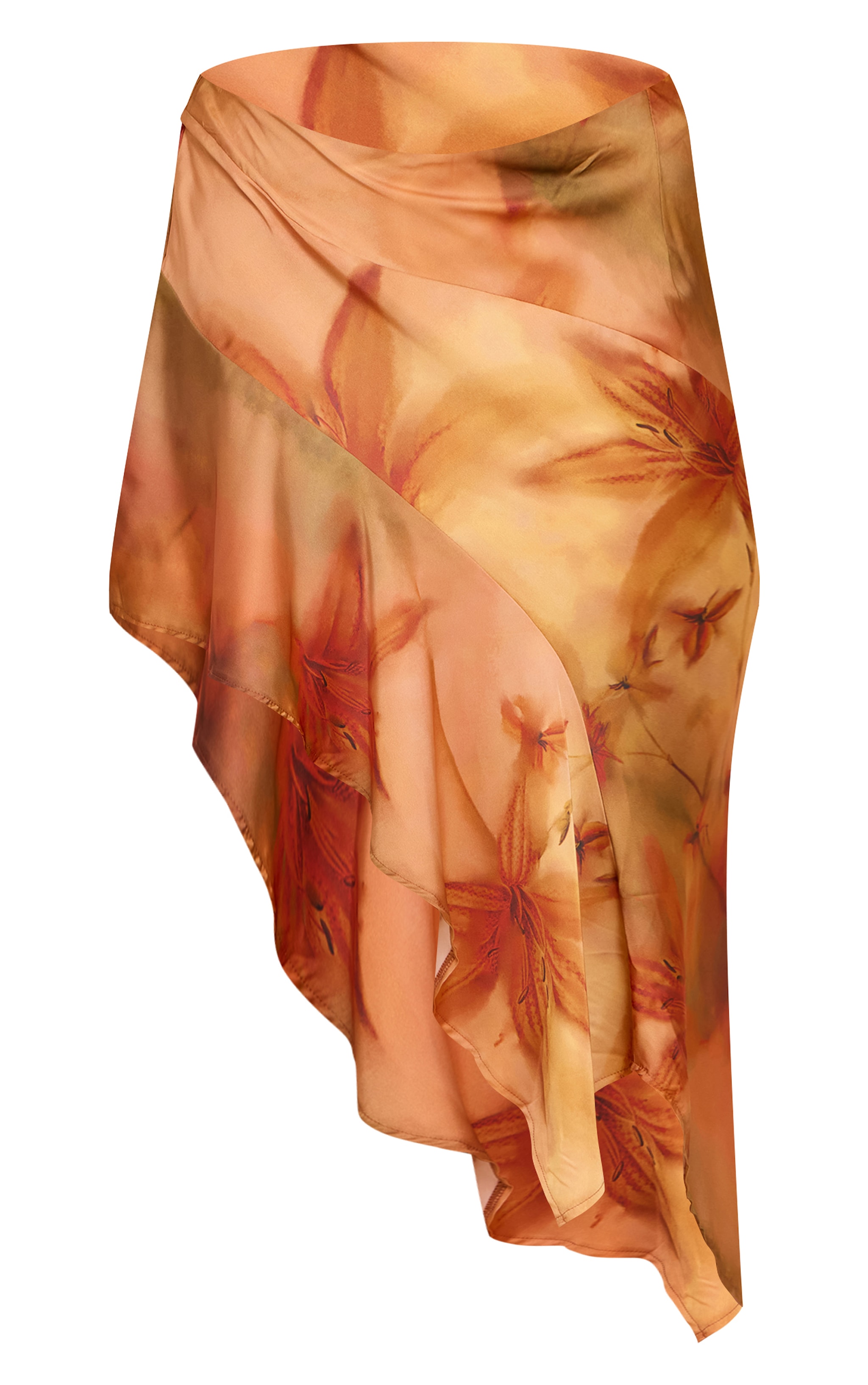 Plus Burnt Orange Printed Satin Asymmetric Ruffle Midi Skirt image 5