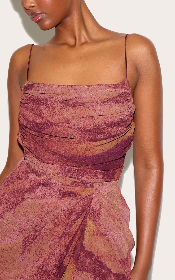 Dark Purple Abstract Print Chiffon Ruched Drape Midi Dress image 4