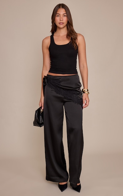 Black Satin Scarf Wide Leg Pants