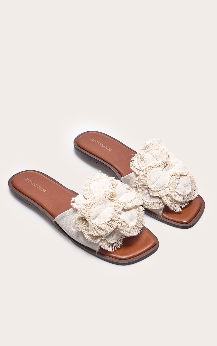 Natural Linen Round Toe Flower Strap Mule Sandals image 1