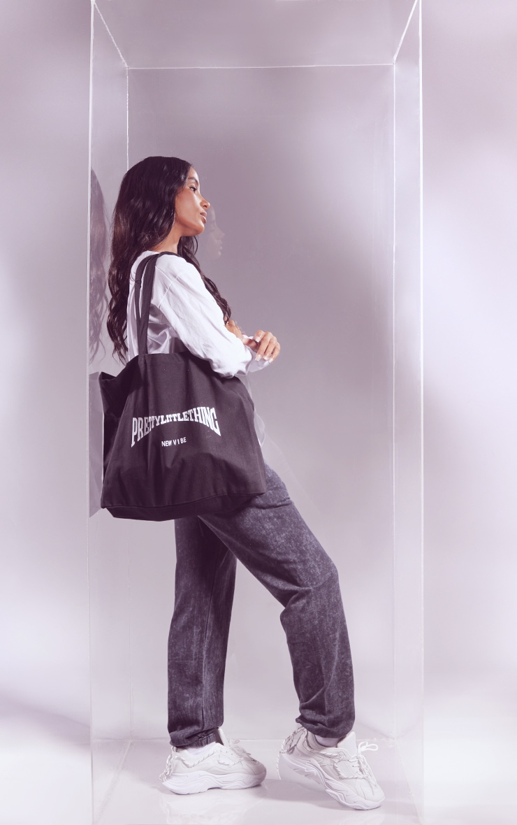 PRETTYLITTLETHING Black Varsity Print Canvas Tote image 1