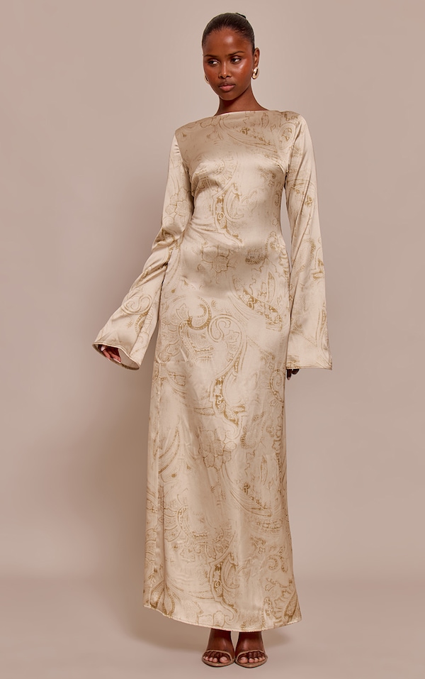  Pale Chartreuse Paisley Printed Satin Flute Sleeve Maxi Dress