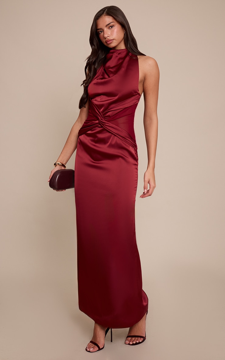 Wine Satin Mesh Detail Maxi Dress image 3