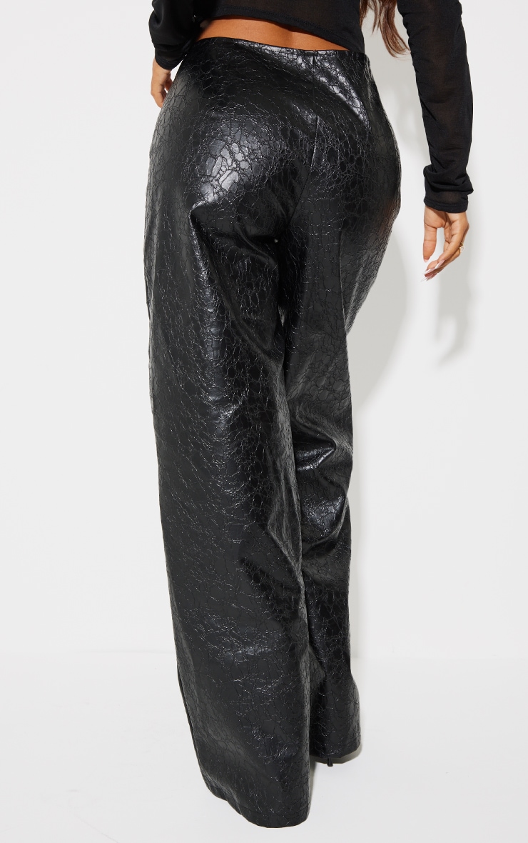 Petite Black Faux Leather Cracked Effect Lace Up Wide Leg Trousers image 3