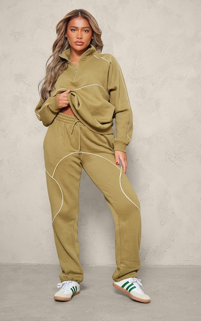 Light Olive Oversized Contrast Piping Straight Leg Track Pants