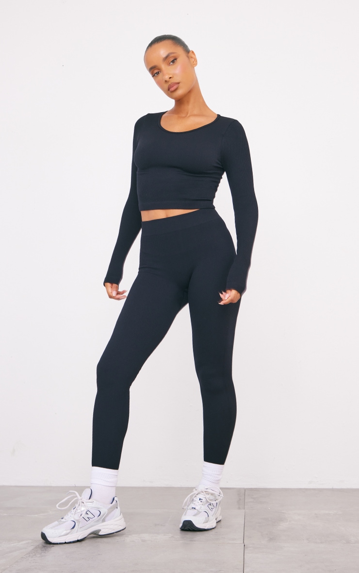 Black Structured Contour Ribbed Round Neck Long Sleeve Crop Top image 3