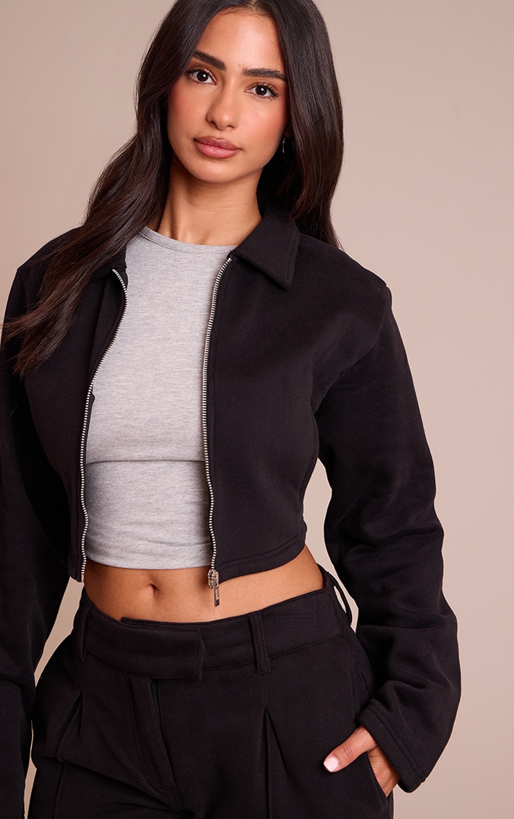 Petite Black Cropped Zip Through Collared Sweatshirt image 1