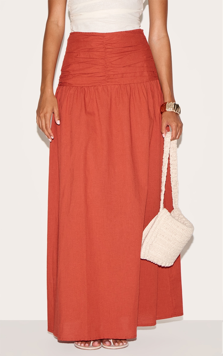 Rust Cotton Ruched Waist Maxi Skirt image 2