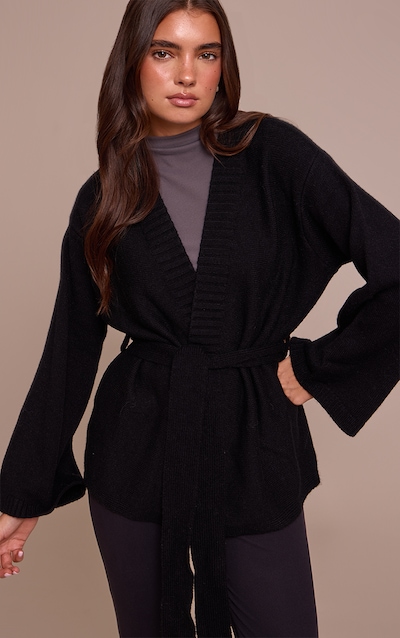 Black Tie Waist Oversized Cardigan