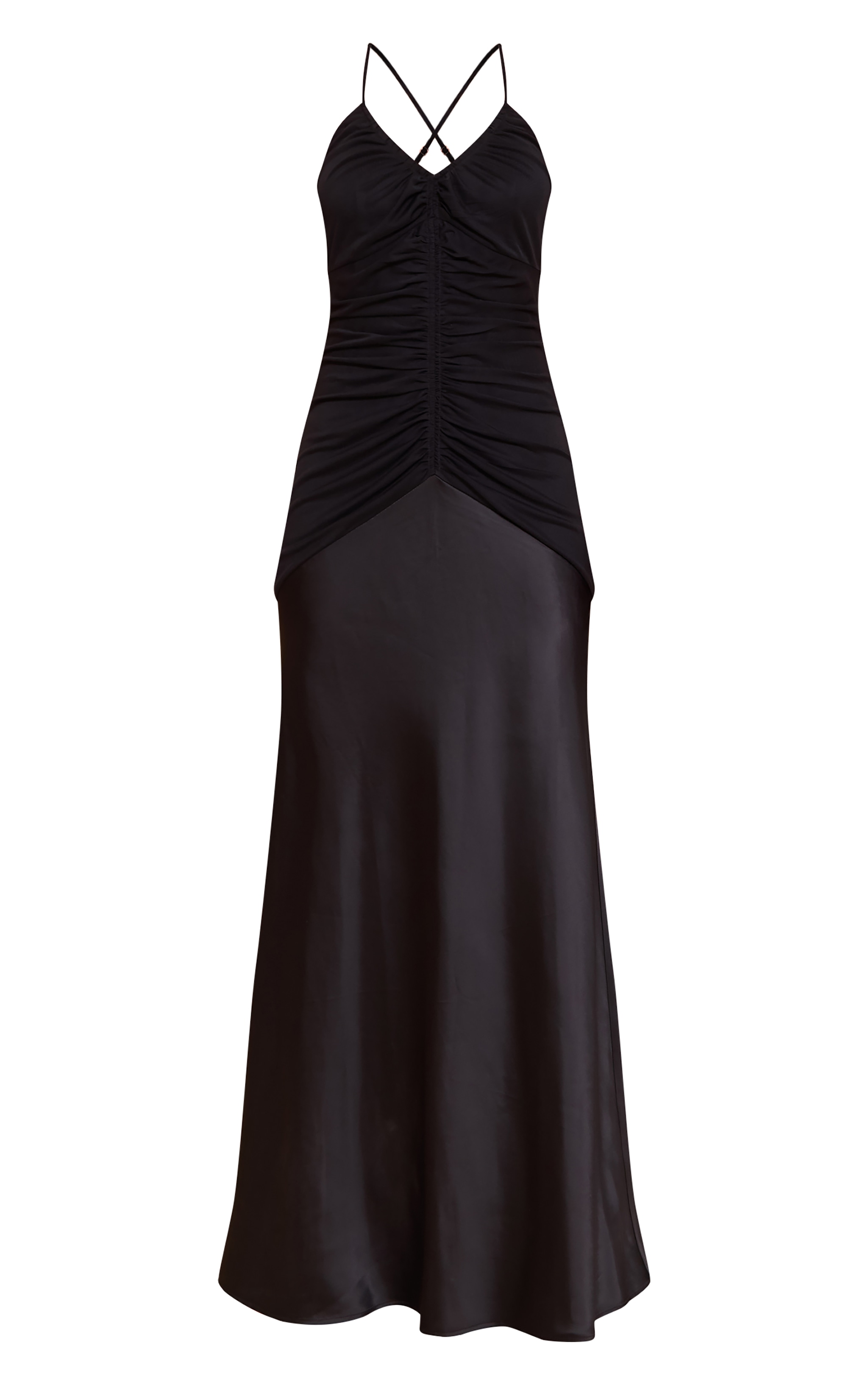 Black Ruched Detail Satin Maxi Slip Dress image 5