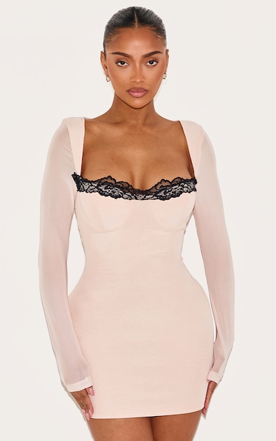 Shape Cream Mesh Underwired Lace Trim Long Sleeve Mini Dress