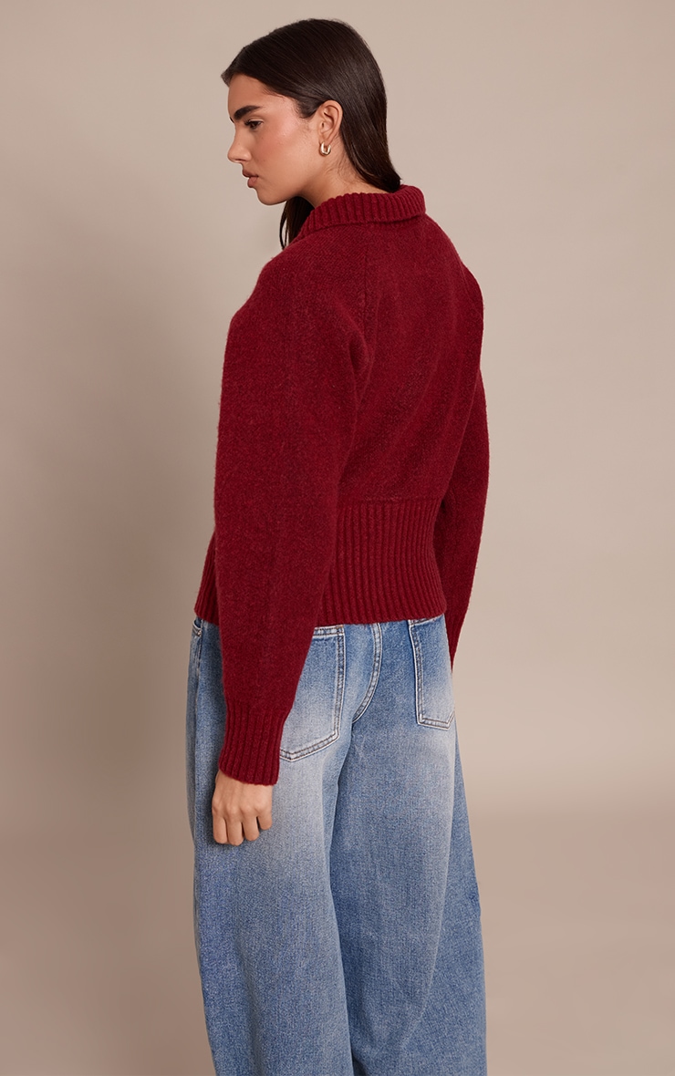 Wine Collared Waist Detail Knitted Cardigan  image 2