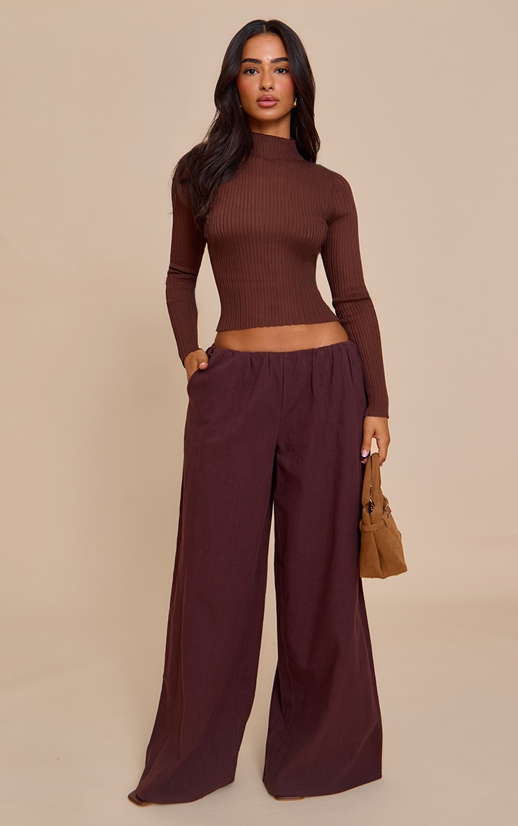 Petite Brown Sheer Knit Long Sleeve High Neck Top image 3