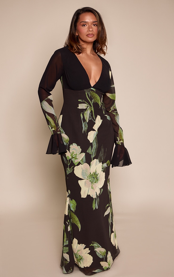 Shape Floral Print Flute Sleeve Deep Plunge Maxi Dress