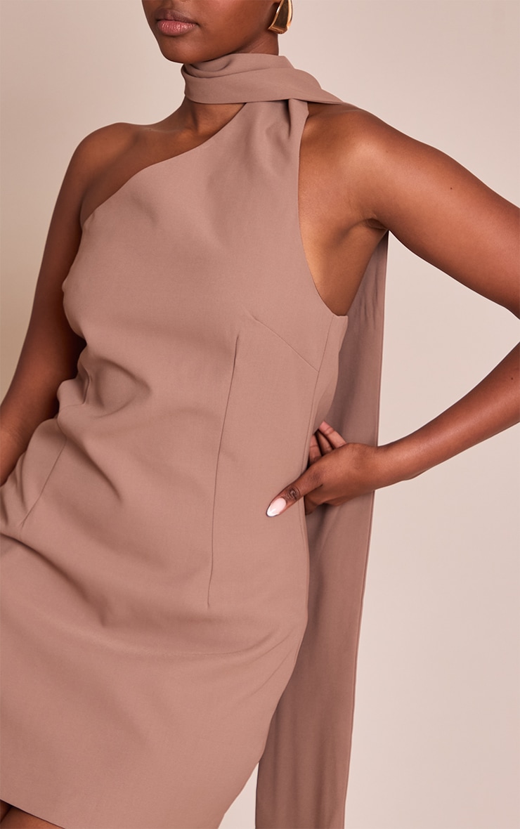 Mocha Woven Asymmetric Scarf Detail Mini Dress image 4