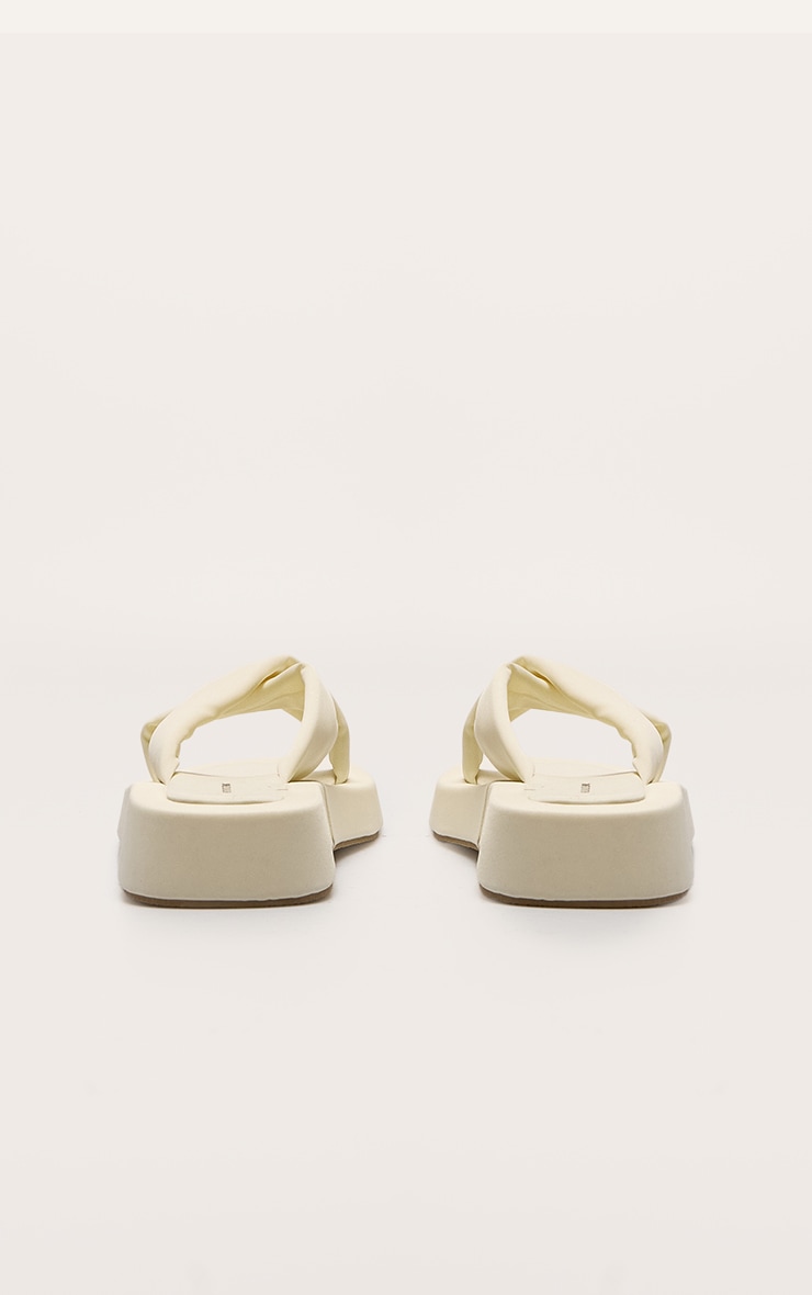 Cream Stretch Lycra Square Toe Criss Cross Strap Flatform Sandals image 3