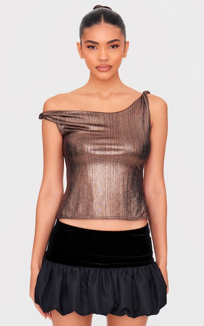 Gold Metallic Textured Twist Shoulder Long Top