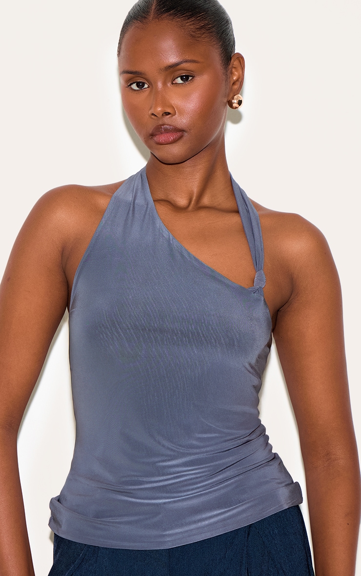 Slate Grey Slinky Halterneck Knot Detail Top image 4