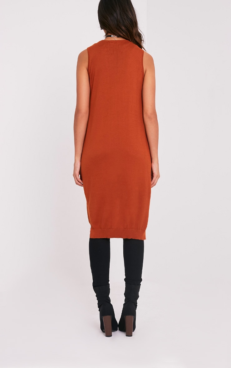 Arlais Burnt Orange Long Line Fine Knit Sleeveless Cardigan Knitwear