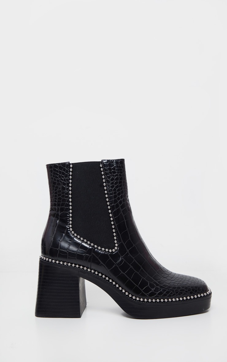 Black Square Toe Chunky Block Heel Chelsea Boot