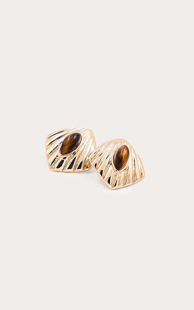 Boucles d'oreilles lisses dorées en forme de coquillage à pierre oeil de tigre image 3
