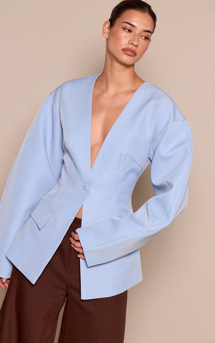 Pale Blue Cocoon Sleeve Cinched Waist Pocket Blazer image 1