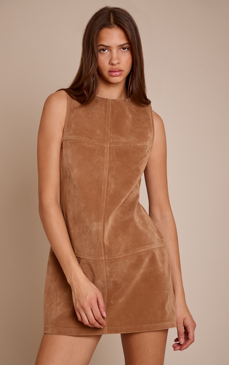Tan Structured Faux Suede Seam Detail Sleeveless Shift Dress image 1